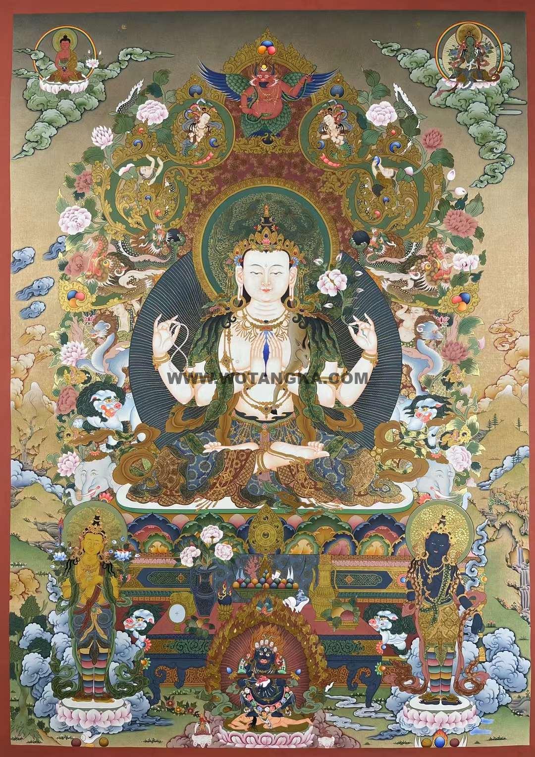 编号162-435523：彩绘唐卡-四臂观音·三怙主（105*75CM左右）