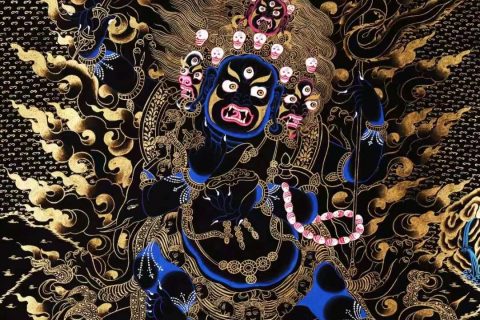编号138-842392：黑金唐卡-四臂玛哈嘎拉（92*64CM左右）