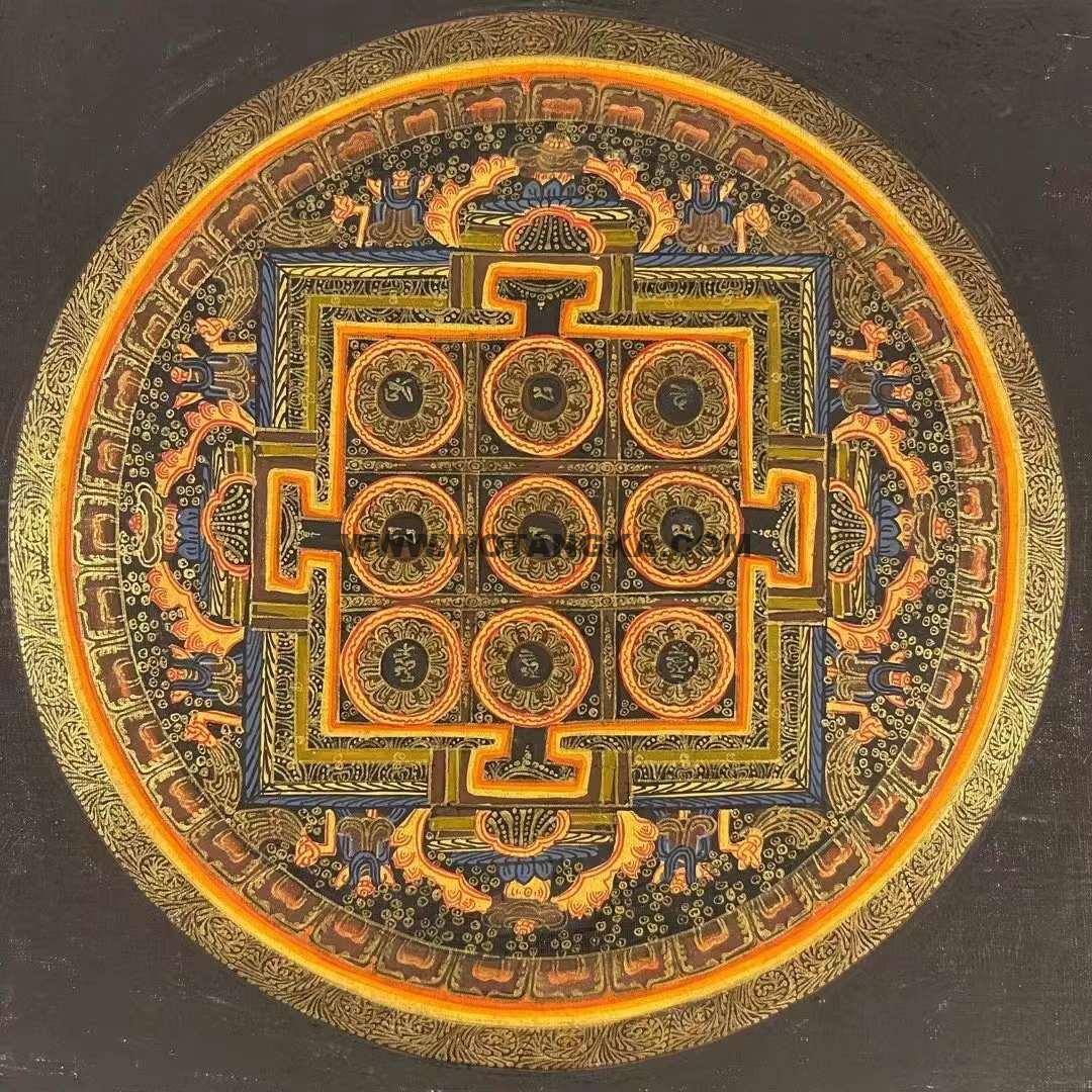 编号155-792063：黑金唐卡-六字真言坛城（20*20CM左右）