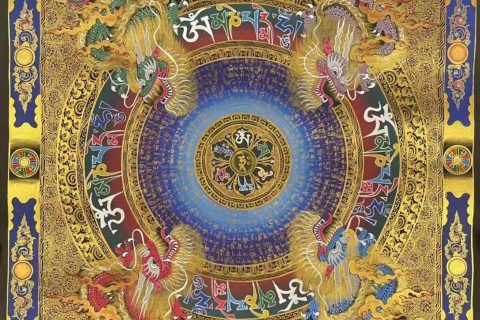 编号162-829140：彩绘唐卡-六字真言坛城（100*100CM左右）