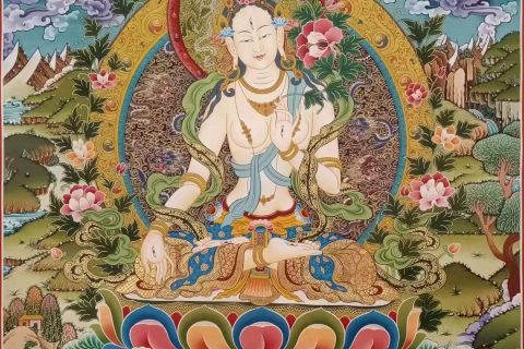 编号155-348519：彩绘唐卡-白度母·长寿三尊（100*70CM左右）