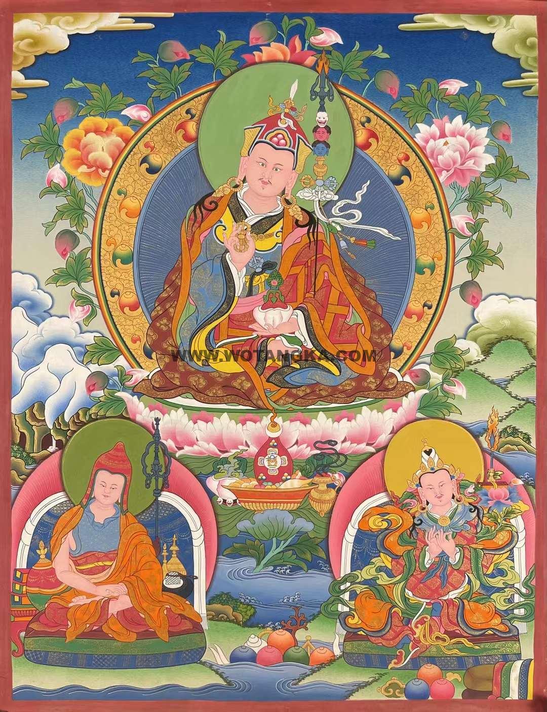 编号162-290400：彩绘唐卡-莲花生大士·师君三尊（75*50CM左右）