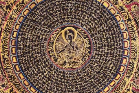 编号138-150657：黑金唐卡-绿度母六字真言坛城（62*50CM左右）