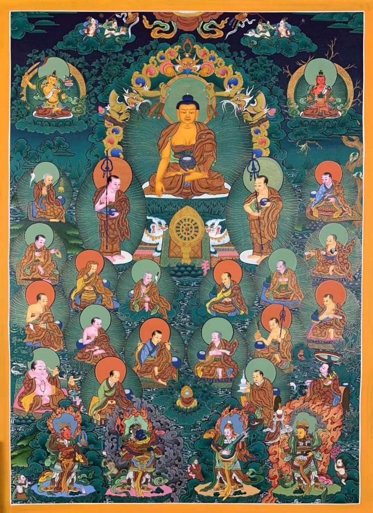 编号162-930692：绿金唐卡-释迦牟尼佛·十八罗汉（75*55CM左右）