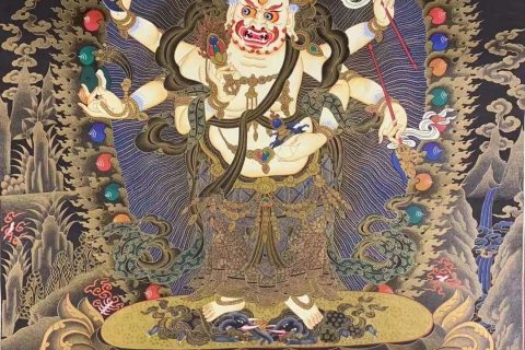 编号155-280512：黑金唐卡-白六臂玛哈嘎拉（75*50CM左右）