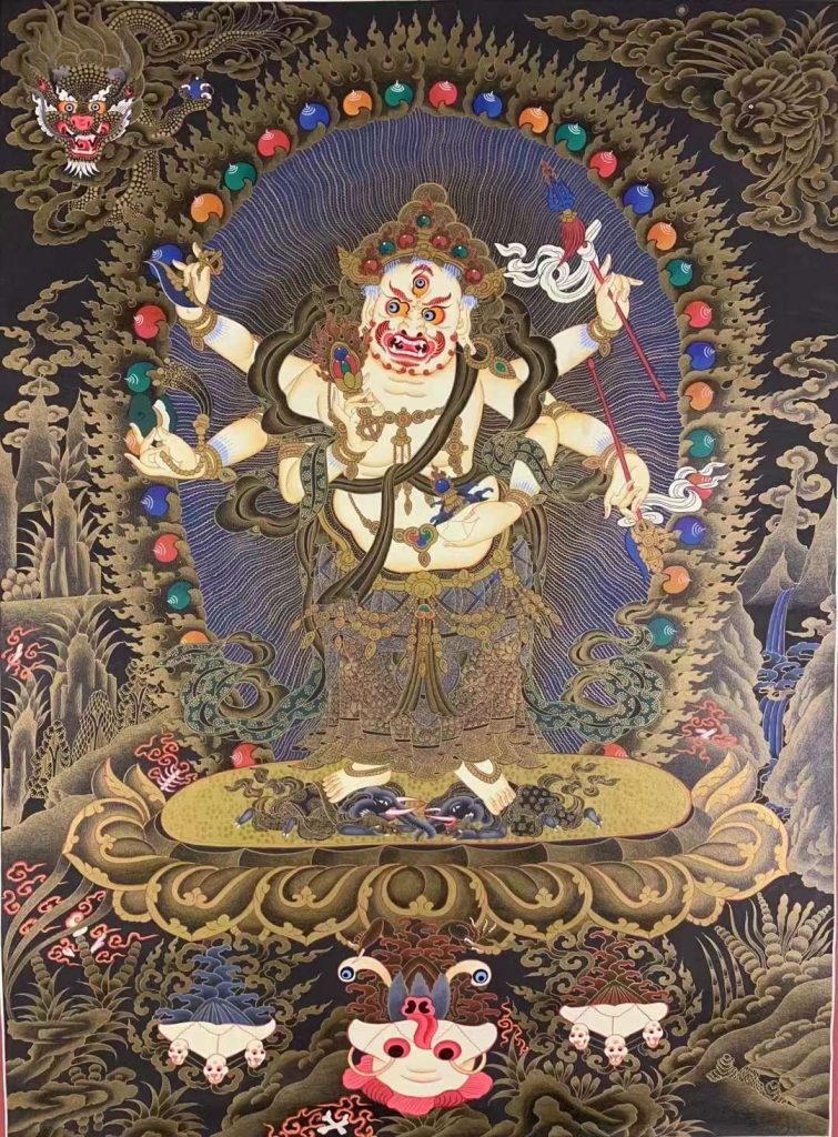 编号155-280512：黑金唐卡-白六臂玛哈嘎拉（75*50CM左右）