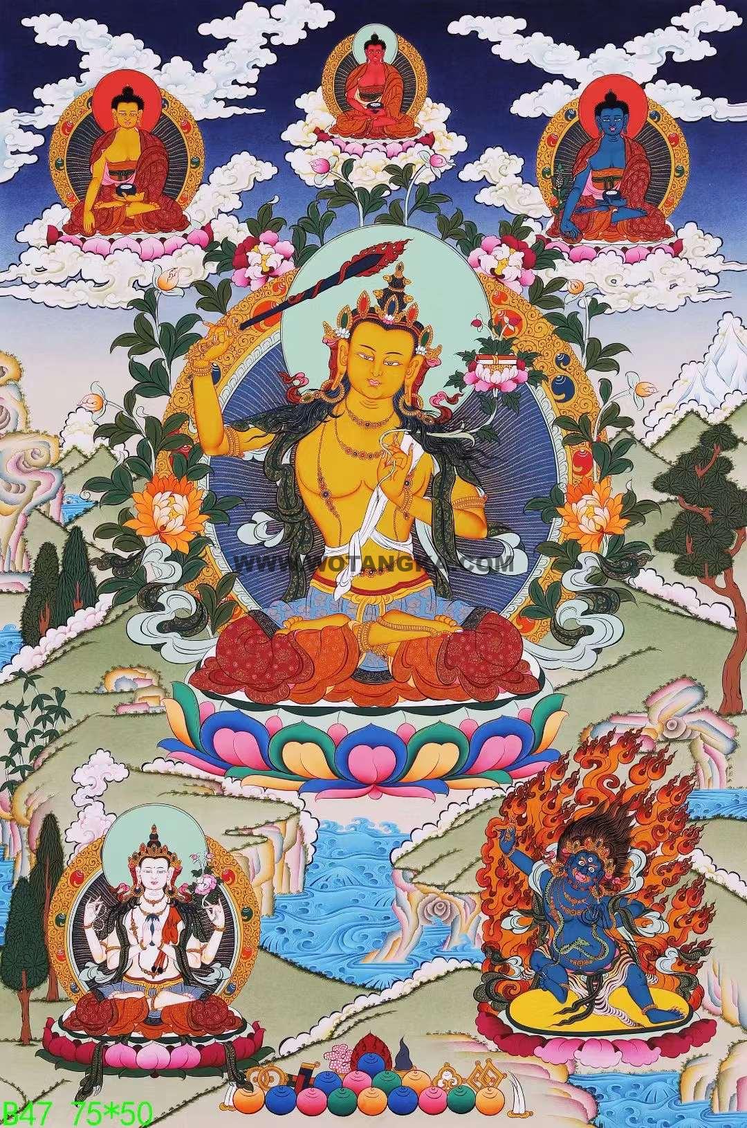 编号138-258390:彩绘唐卡-文殊菩萨·三怙主(75*50CM左右)