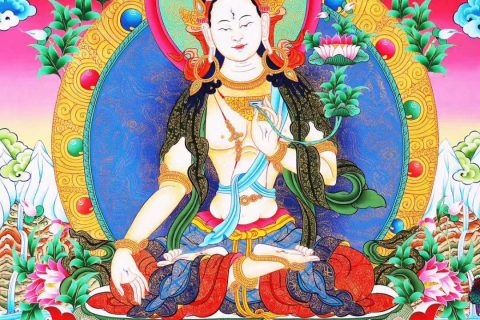 编号138-357621：彩绘唐卡-白度母·长寿三尊（75*53CM左右）