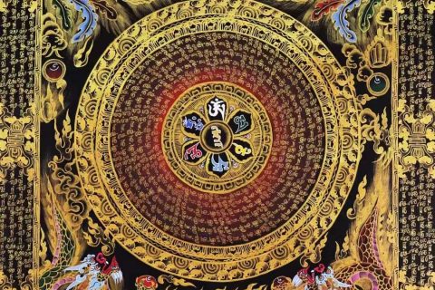 编号138-597970：彩绘唐卡-六字真言坛城（55*55CM左右）
