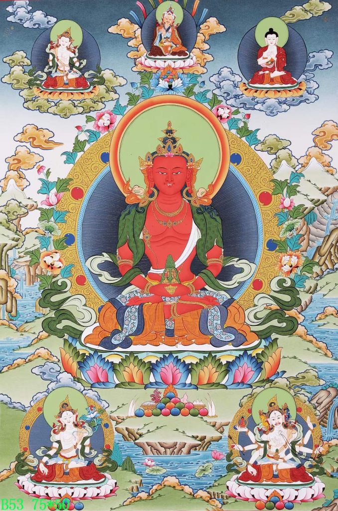 编号168-861066：彩绘唐卡-长寿佛·长寿三尊（75*50CM左右）