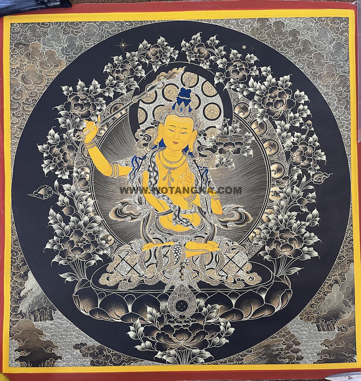 热贡-维玛扎西：黑金唐卡-文殊菩萨（50*50CM左右）