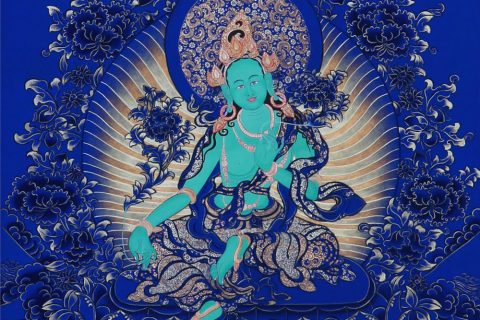 蓝金唐卡-绿度母