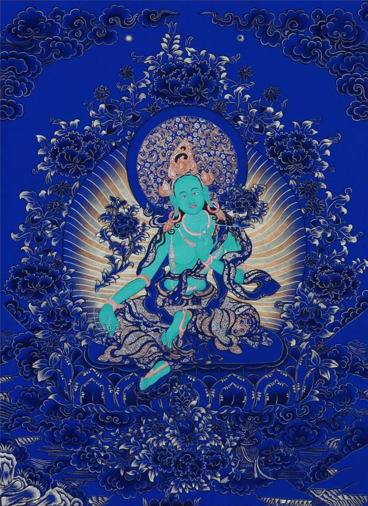 蓝金唐卡-绿度母