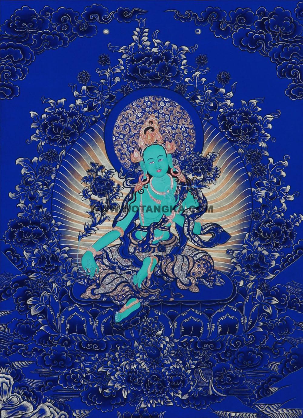 蓝金唐卡-绿度母