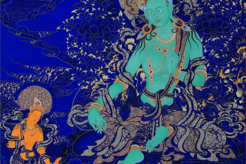蓝金唐卡-绿度母