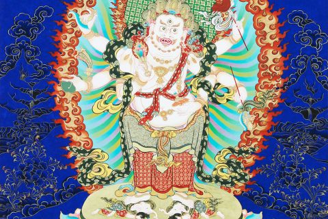 蓝金唐卡-白六臂玛哈嘎拉