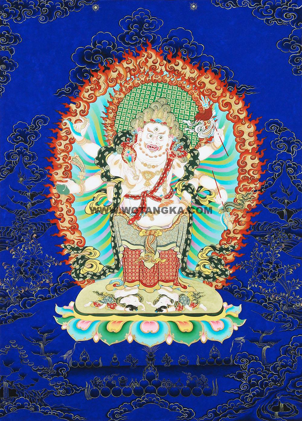 编号188-111420:蓝金唐卡-白六臂玛哈嘎拉(65*40CM左右)