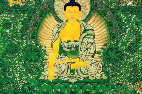绿金唐卡-释迦牟尼佛