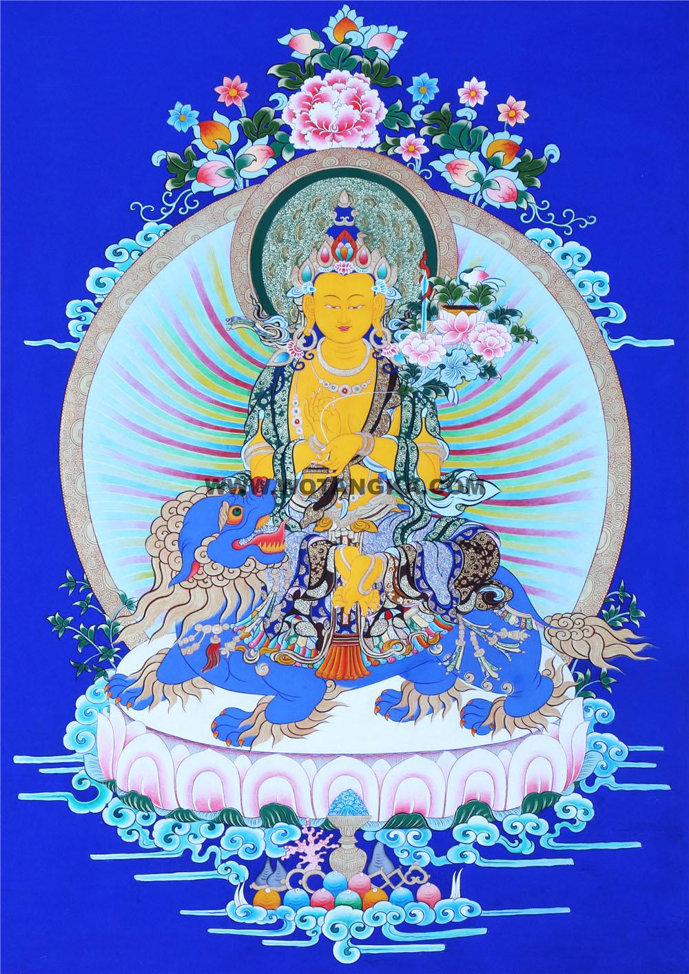 蓝金唐卡-骑狮文殊菩萨