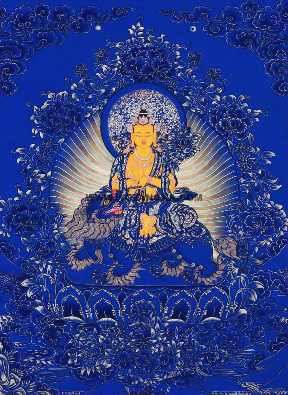 蓝金唐卡-骑狮文殊菩萨