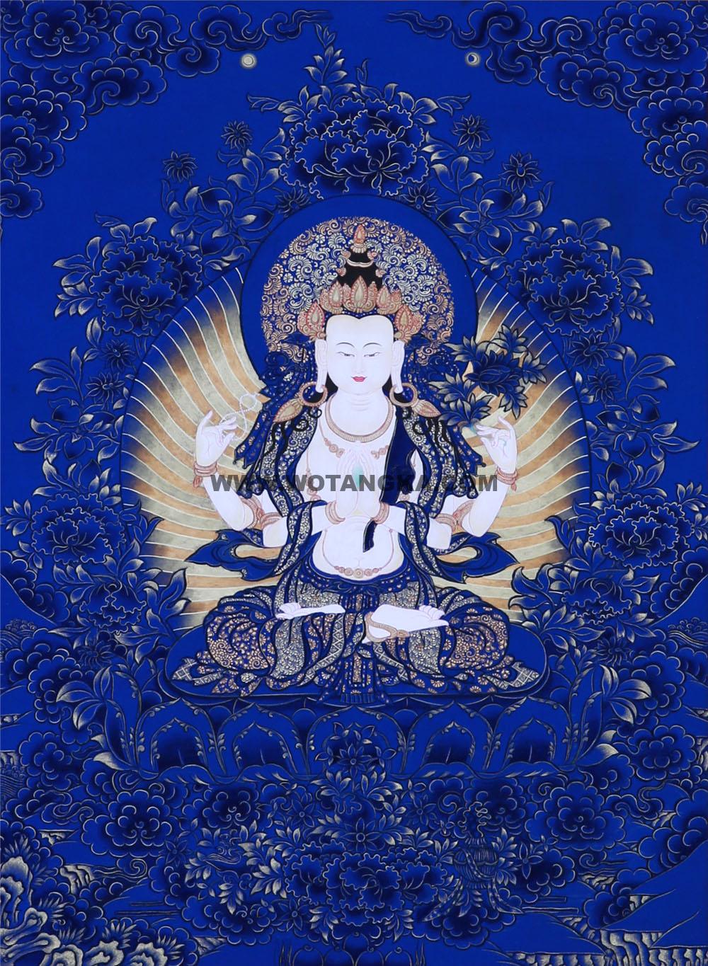 蓝金唐卡-四臂观音