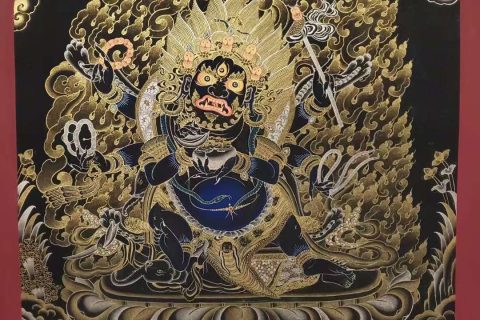 编号153-186420：黑金唐卡-六臂玛哈嘎拉（70*50CM左右）