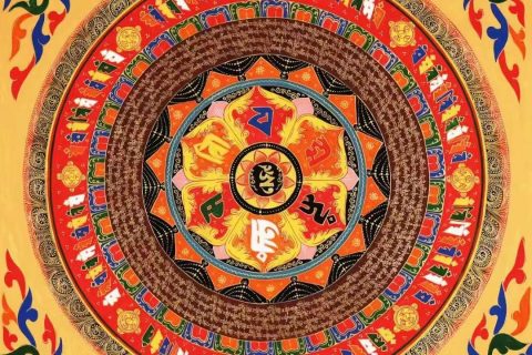 编号138-722894：彩绘唐卡-六字真言坛城（70*70CM左右）
