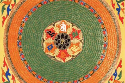 编号138-122196：彩绘唐卡-六字真言坛城（70*70CM左右）