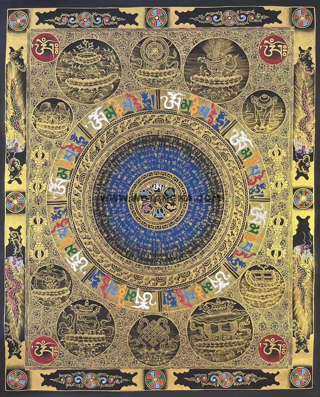 编号172-261273：黑金唐卡-吉祥八宝六字真言经文坛城（75*50CM左右）