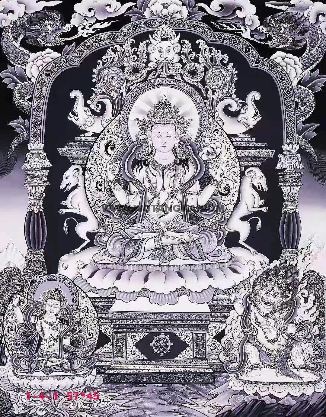 编号172-673315：彩绘唐卡-四臂观音·三怙主（57*45CM左右）