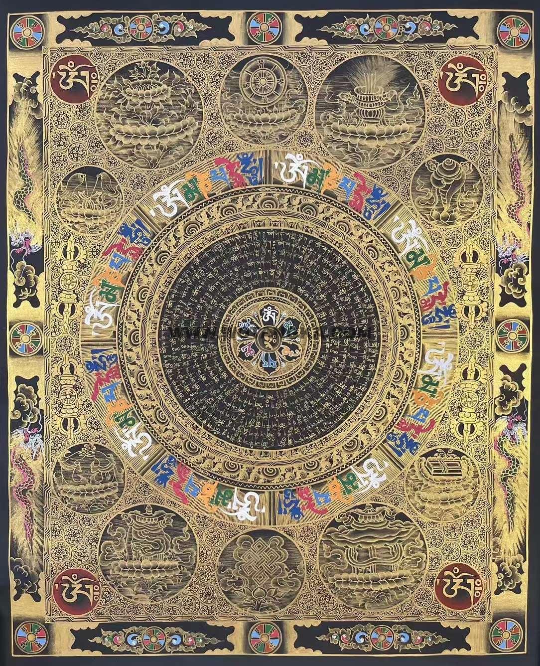 编号172-550267:黑金唐卡-吉祥八宝六字真言经文坛城(75*50CM左右)