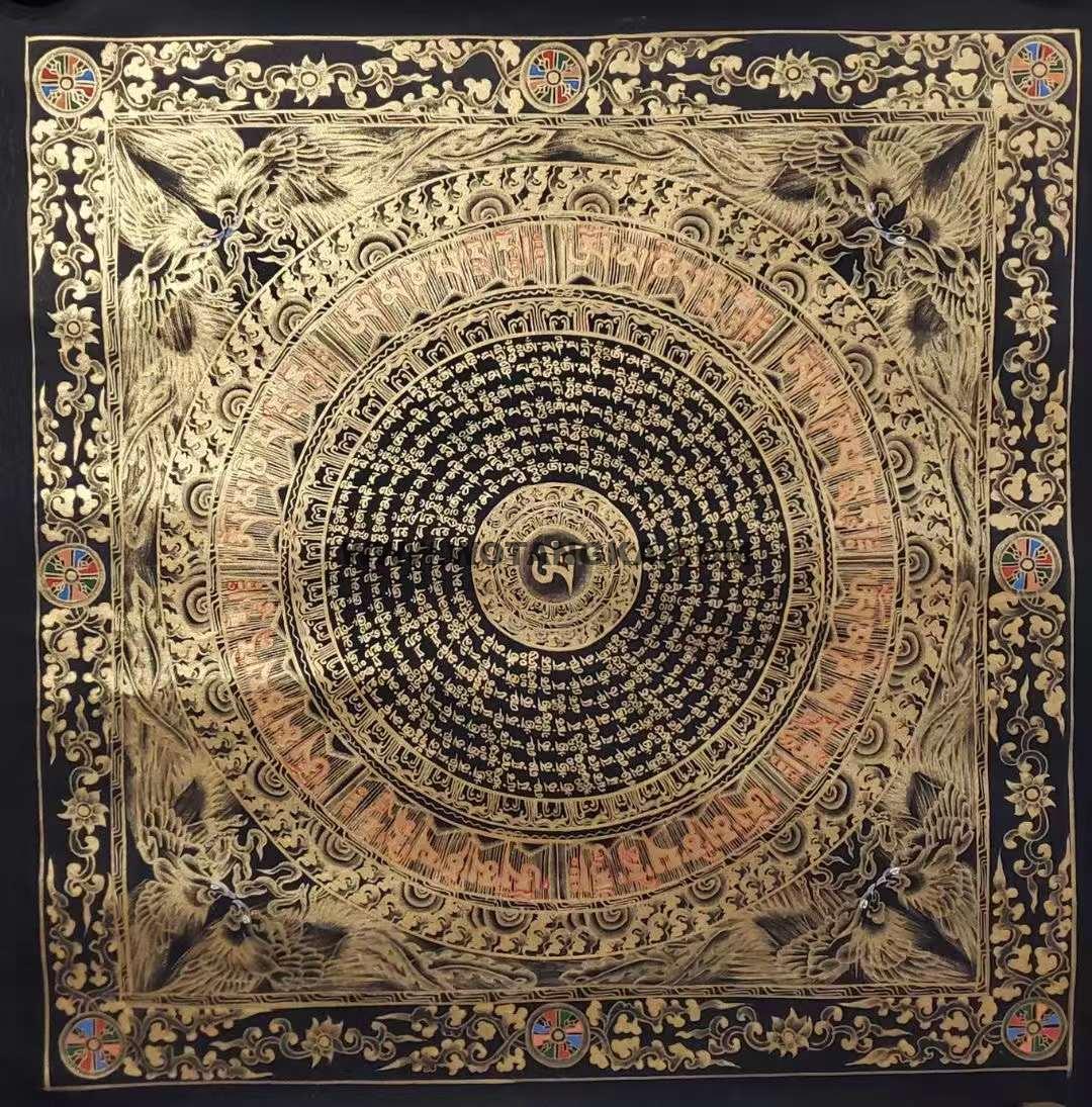 编号191-816217:黑金唐卡-六字真言凤坛城(100*100CM左右)