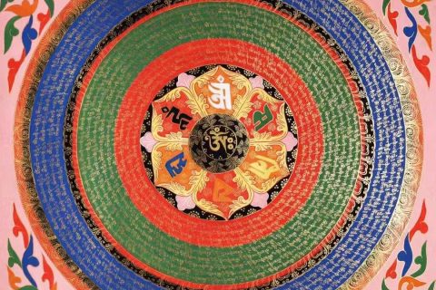 编号138-160198：彩绘唐卡-六字真言坛城（70*70CM左右）