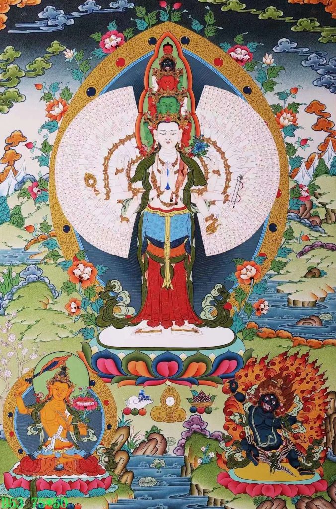 编号138-809620：彩绘唐卡-千手观音·三怙主（75*50CM左右）