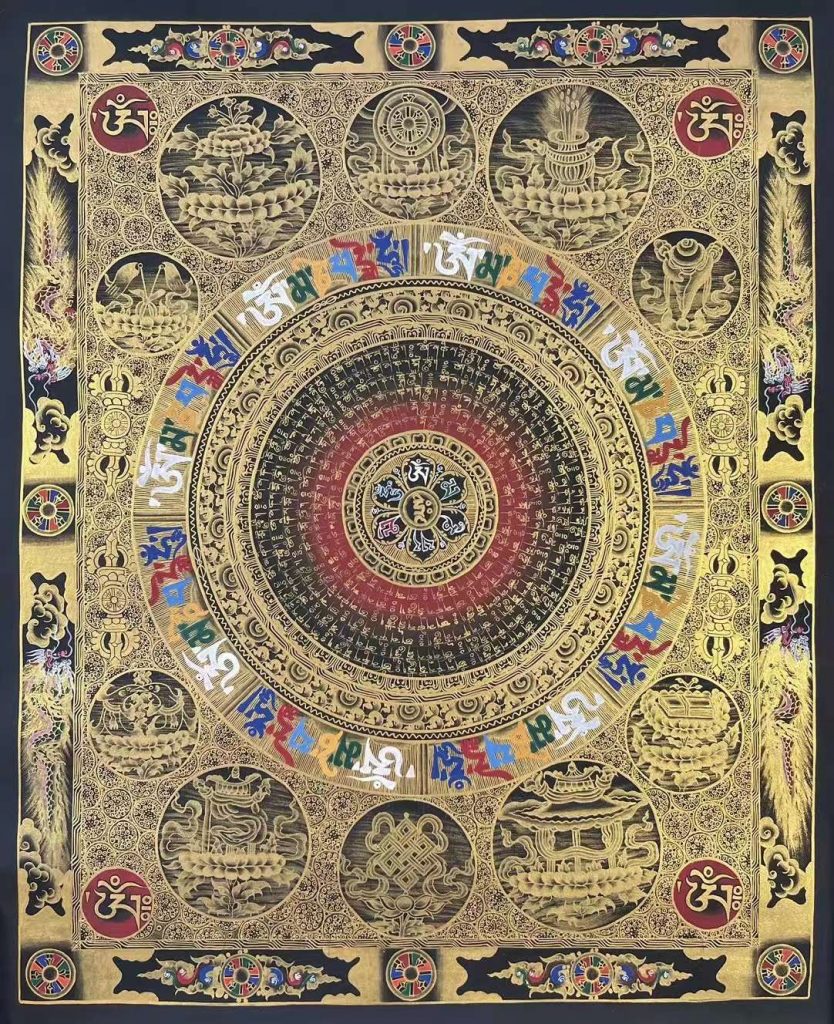 编号191-278610：黑金唐卡-吉祥八宝六字真言经文坛城（65*55CM左右）