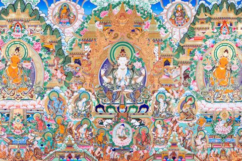 彩绘唐卡-四臂观音三尊