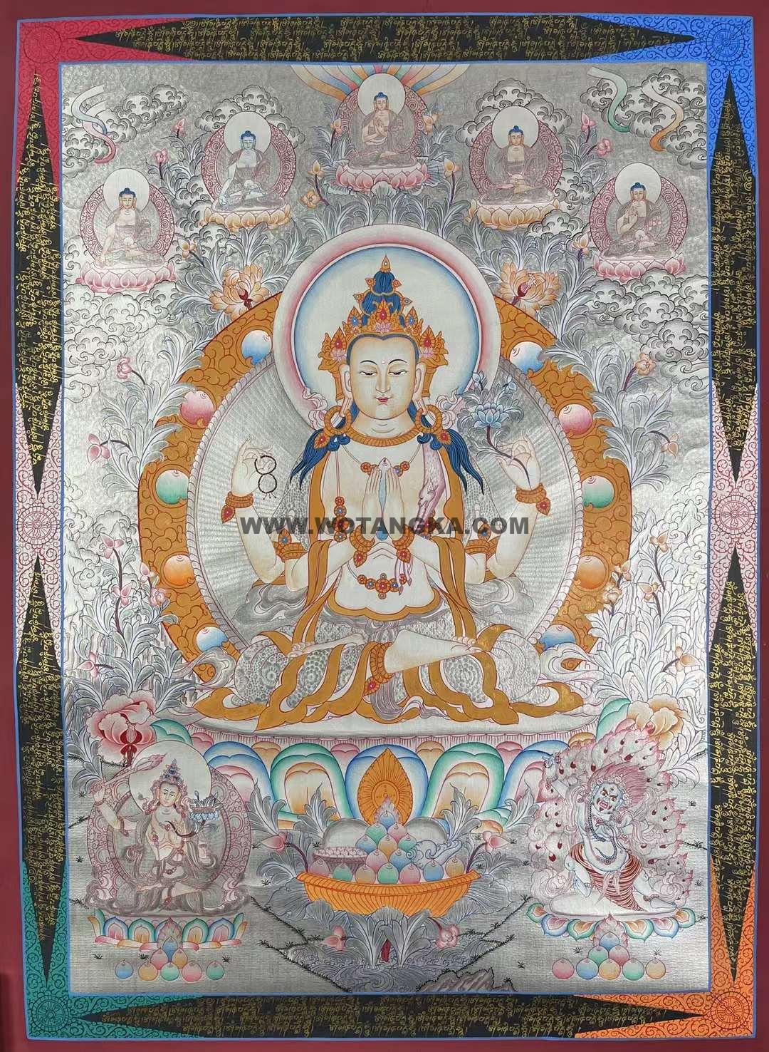 编号172-232130：白银唐卡-四臂观音·三怙主（80*60CM左右）