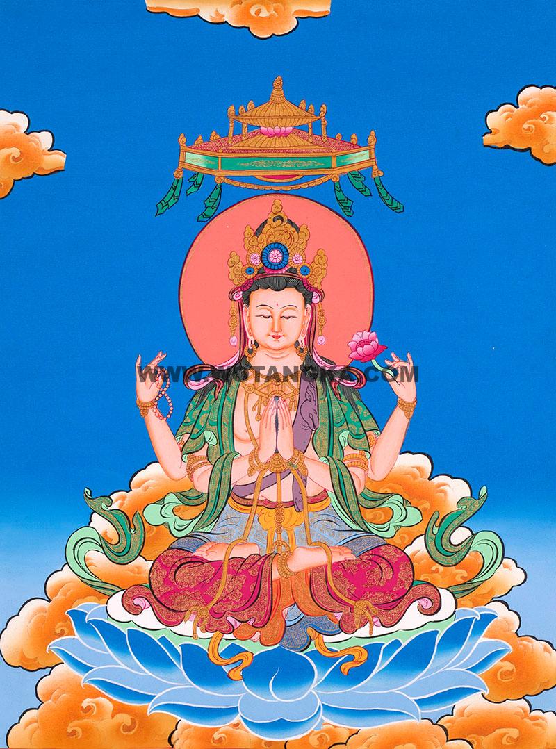 彩绘唐卡-四臂观音