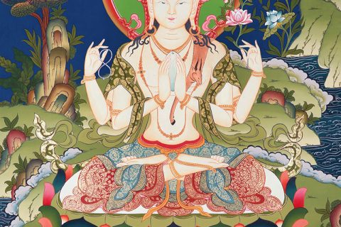 彩绘唐卡-四臂观音