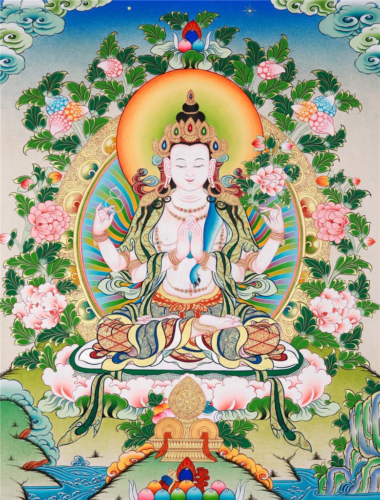 彩绘唐卡-四臂观音