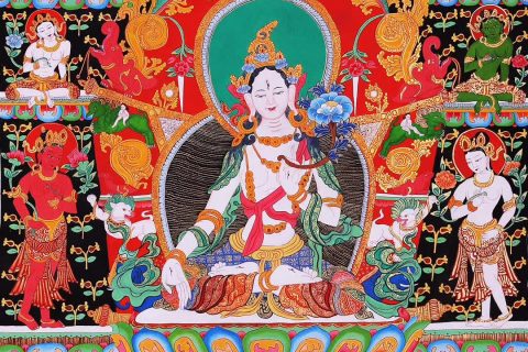 编号153-107318：彩绘唐卡-白度母·长寿三尊（76*60CM左右）