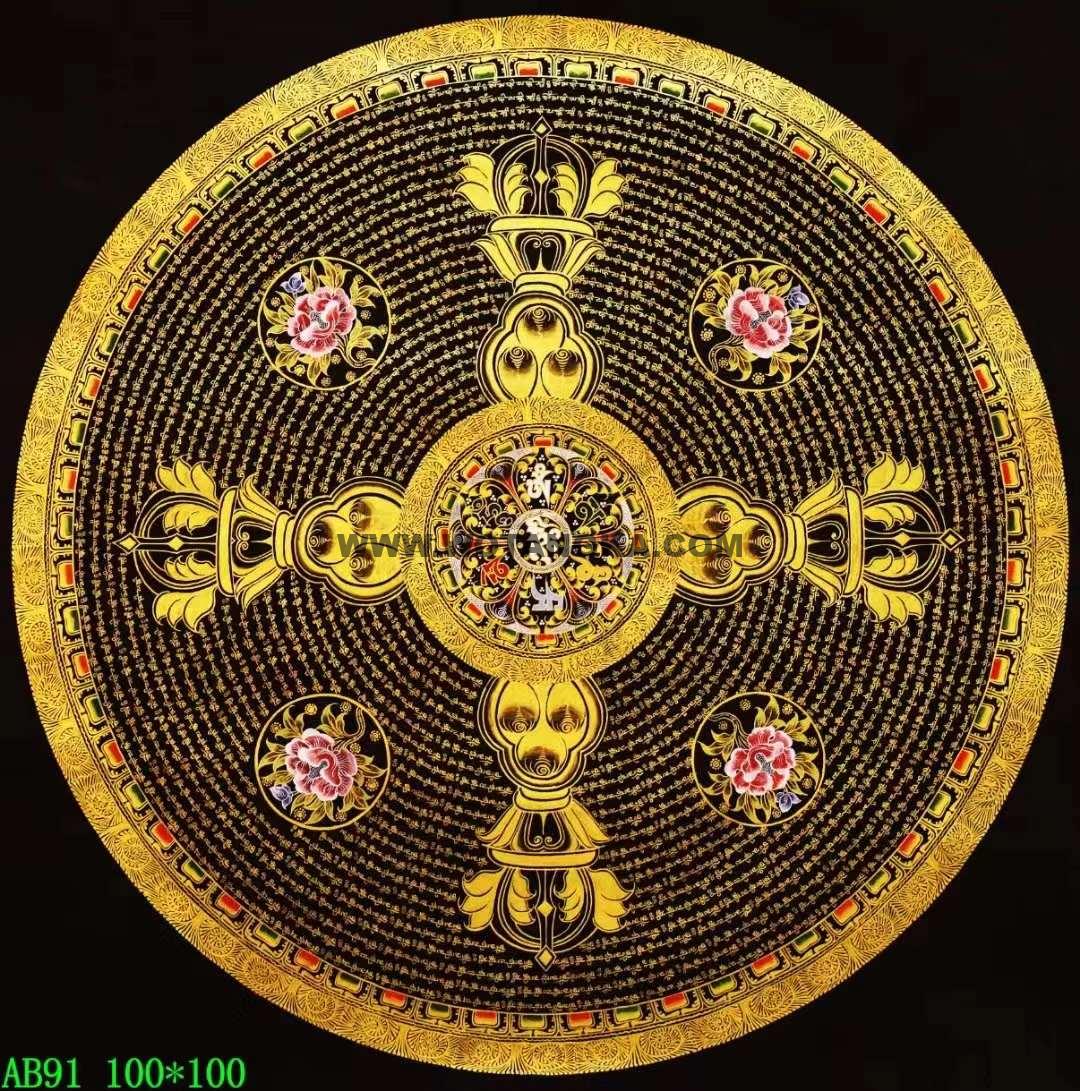 编号138-484246：黑金唐卡-六字真言坛城（100*100CM左右）