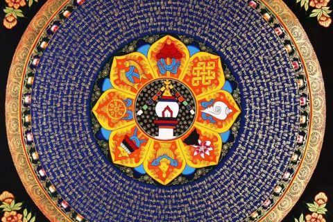 编号138-203206：彩绘唐卡-六字真言坛城（70*70CM左右）