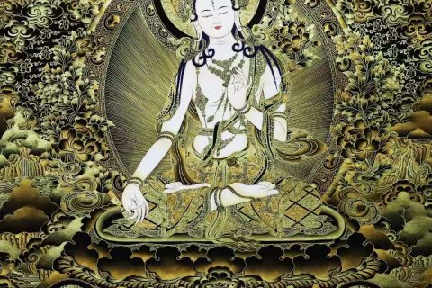 编号138-795126：黑金唐卡-白度母·长寿三尊（101*71CM左右）
