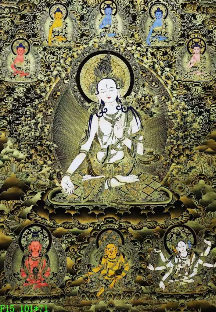 编号138-795126：黑金唐卡-白度母·长寿三尊（101*71CM左右）
