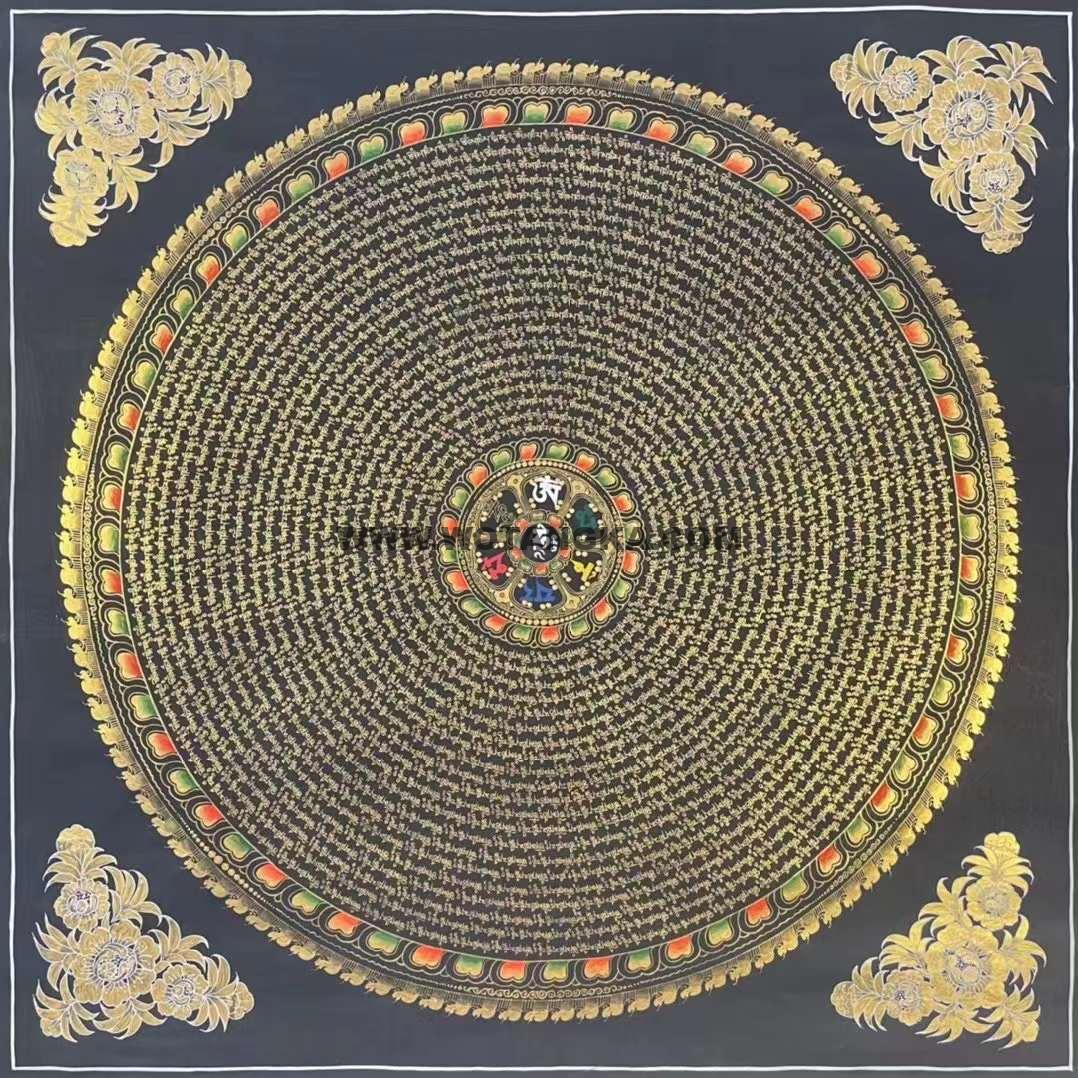 编号153-898915:黑金唐卡-六字真言坛城(100*100CM左右)