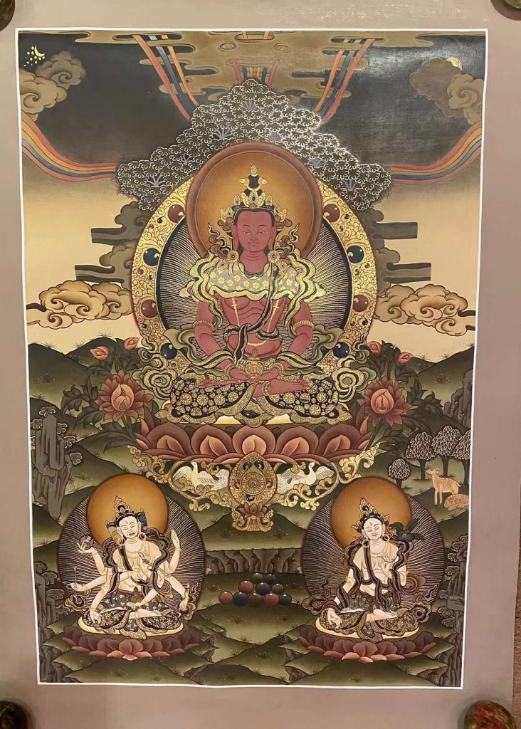 编号153-656631：彩绘唐卡-长寿佛·长寿三尊（70*50CM左右）