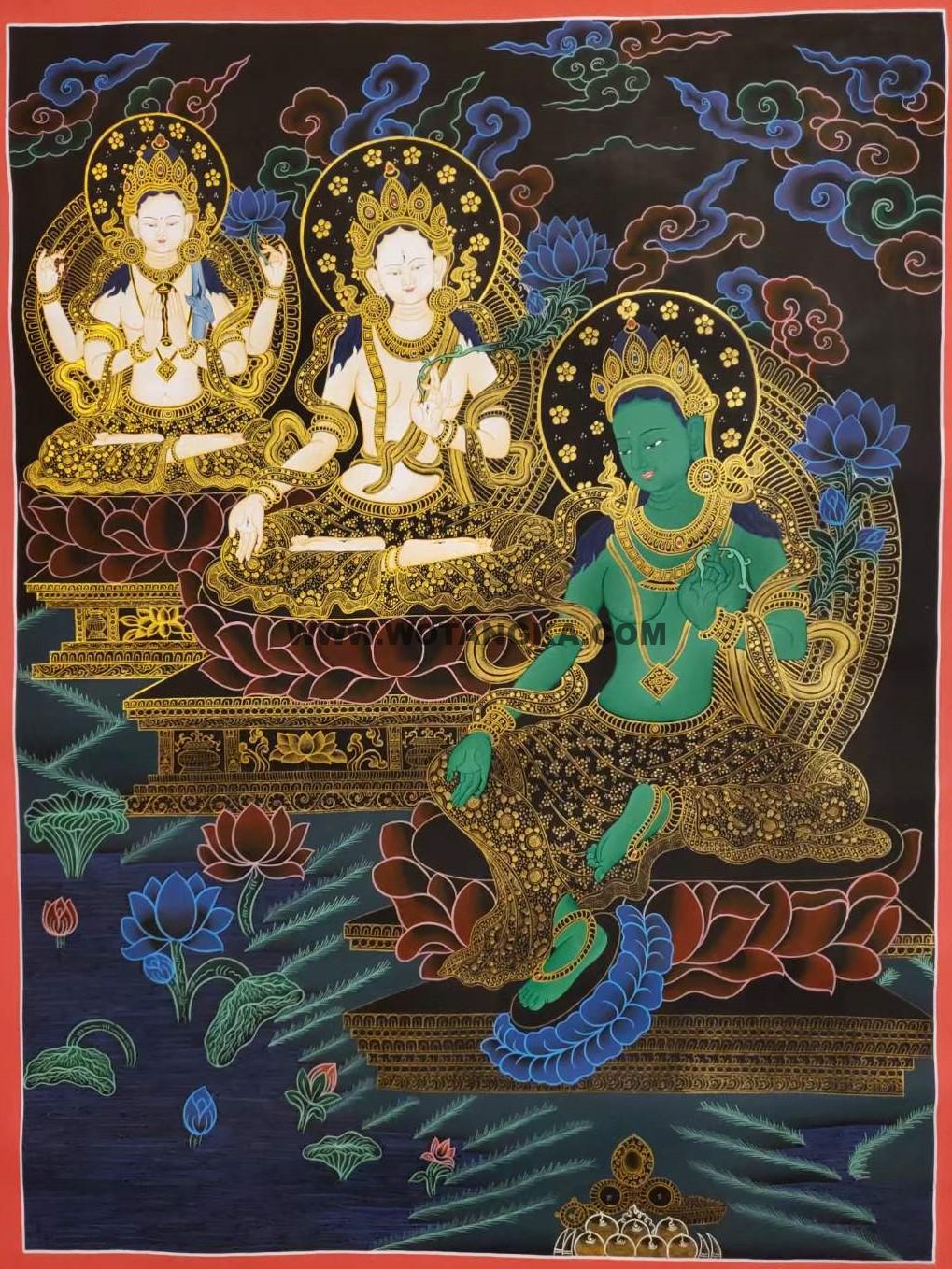 编号155-446228：彩绘唐卡-四臂观音·白度母·绿度母（70*55CM左右）