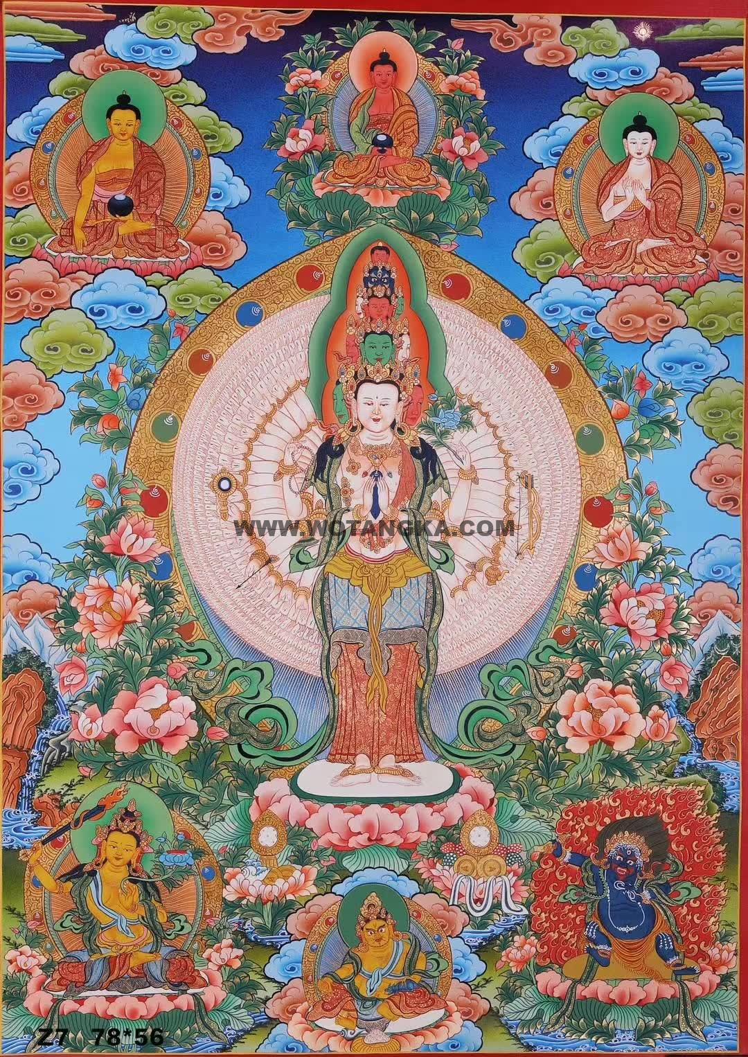 编号171-957789:彩绘唐卡-千手观音·三怙主(78*56CM左右)