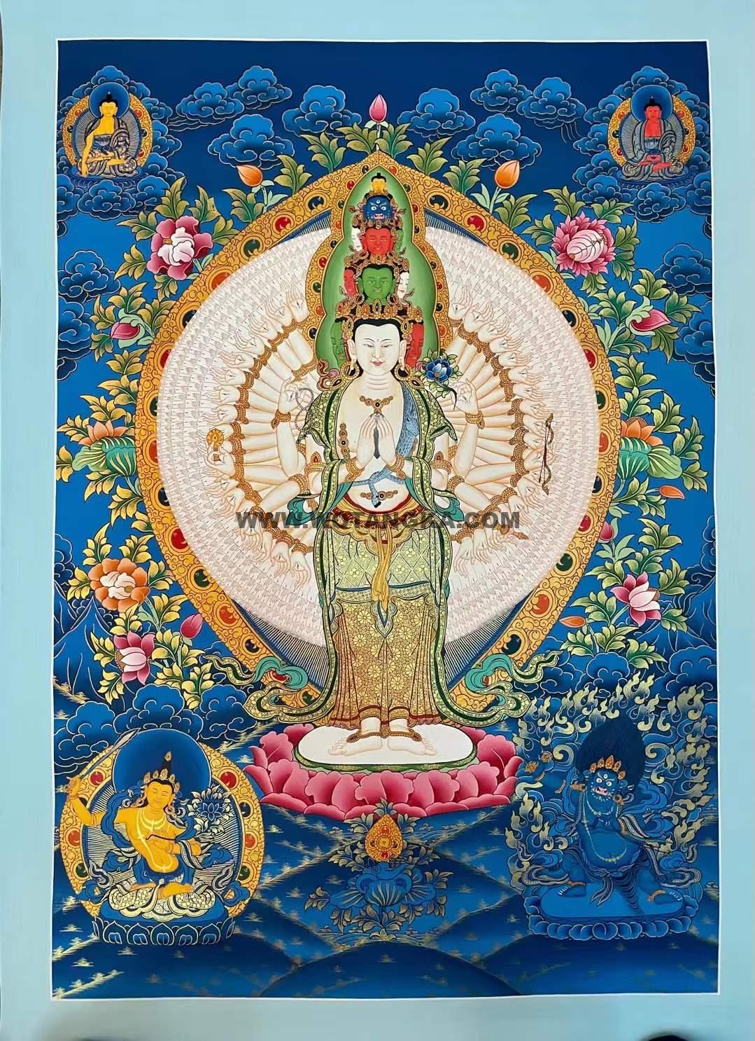 编号172-972536:蓝金唐卡-千手观音·三怙主(75*55CM左右)